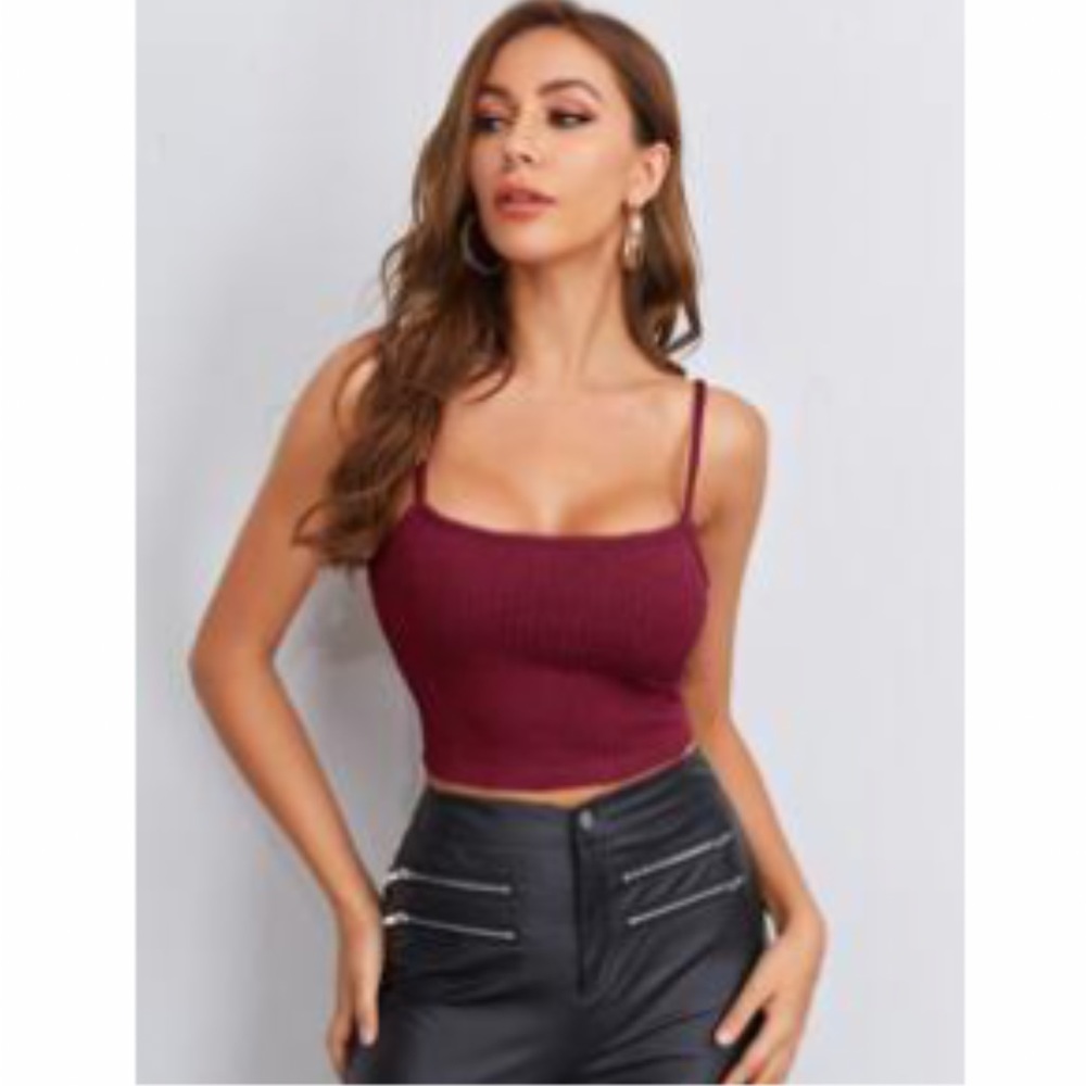 Dark Red Rib-Knit Crop Cami Top NWOT